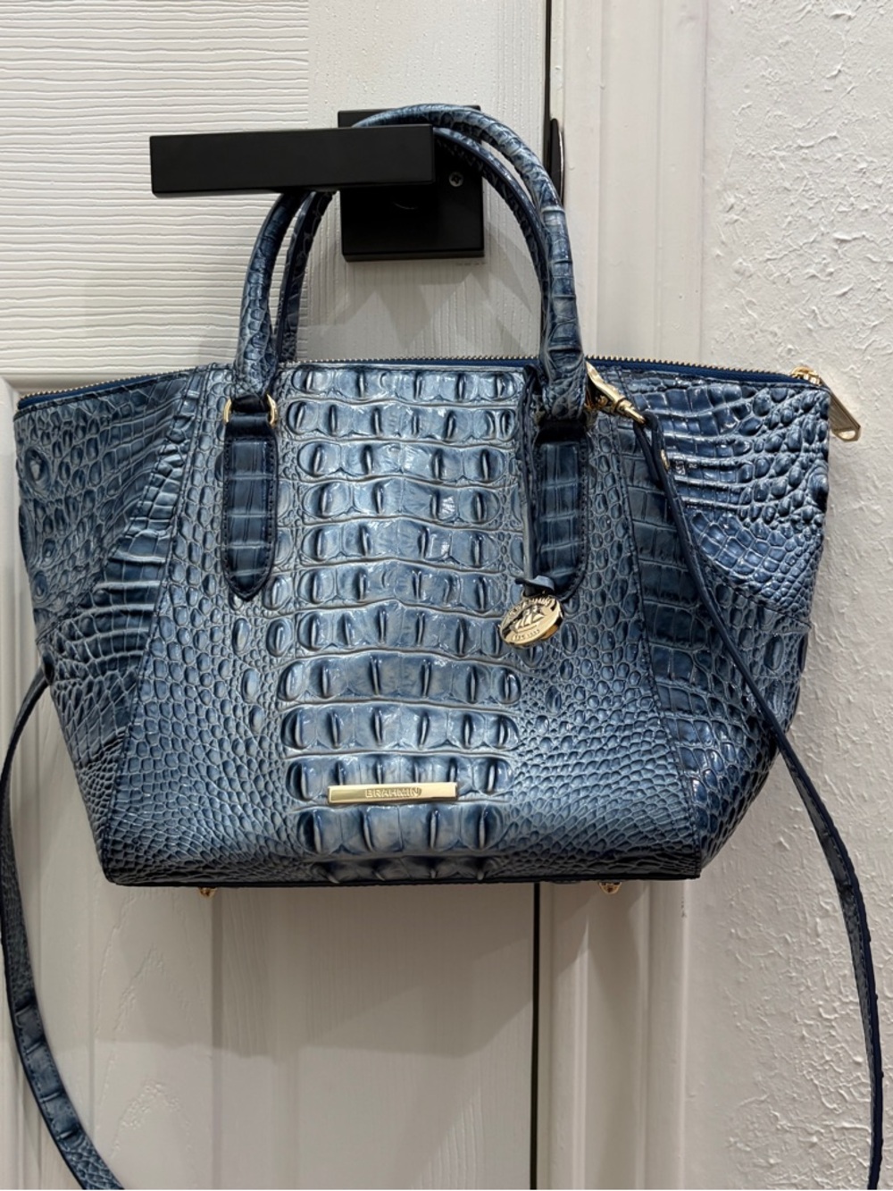 Brahmin Blue Croc-Embossed Small Camila Satchel with Gold Hardware